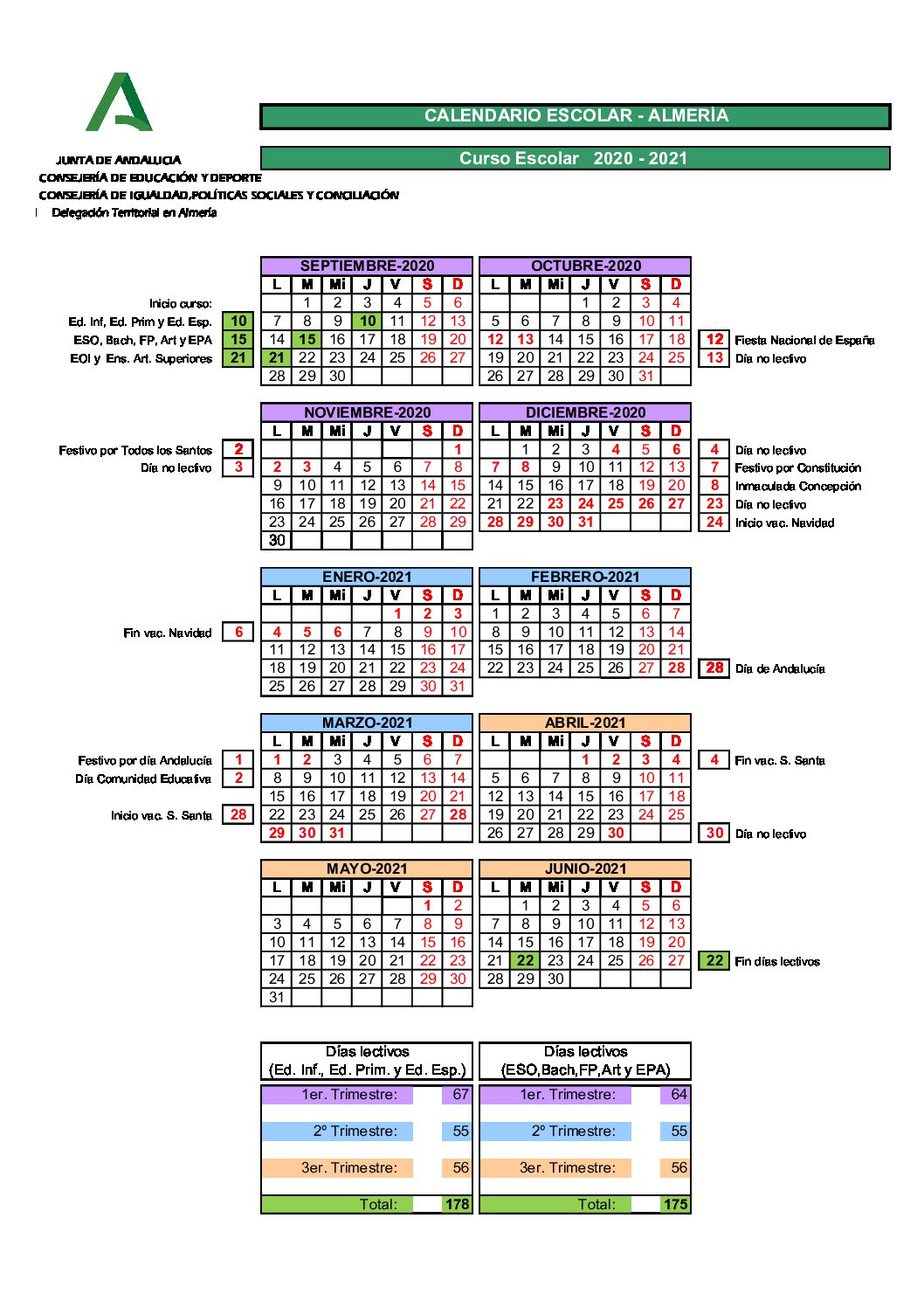 Calendario Escolar 2020-21 - Fapace